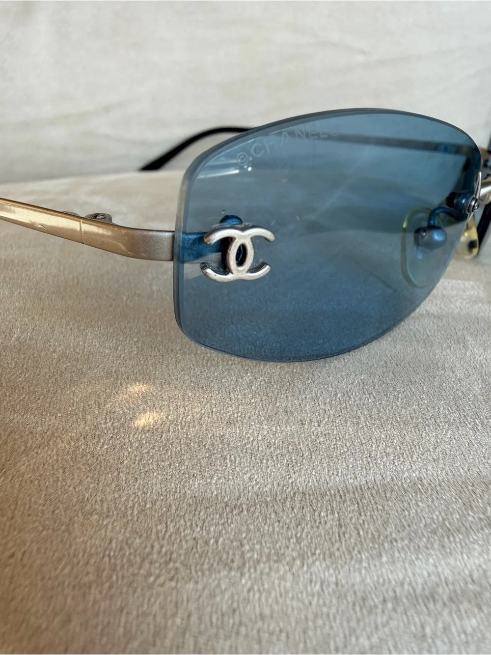 Chanel Silver Rim Grey Lens Logo Sunglasses